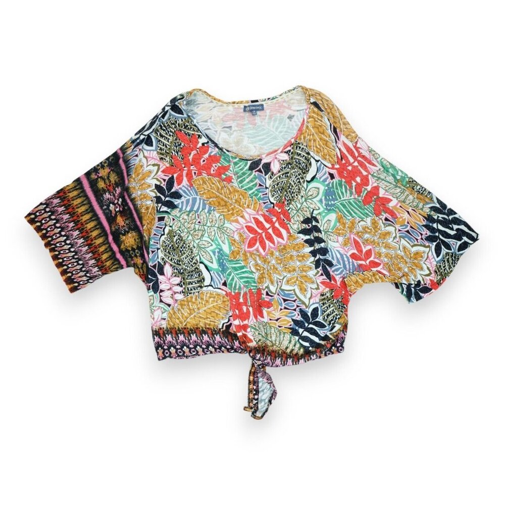 Democracy Knit Top Multicolor Tropical Front Tie Scoop Neck Pullover Size Medium